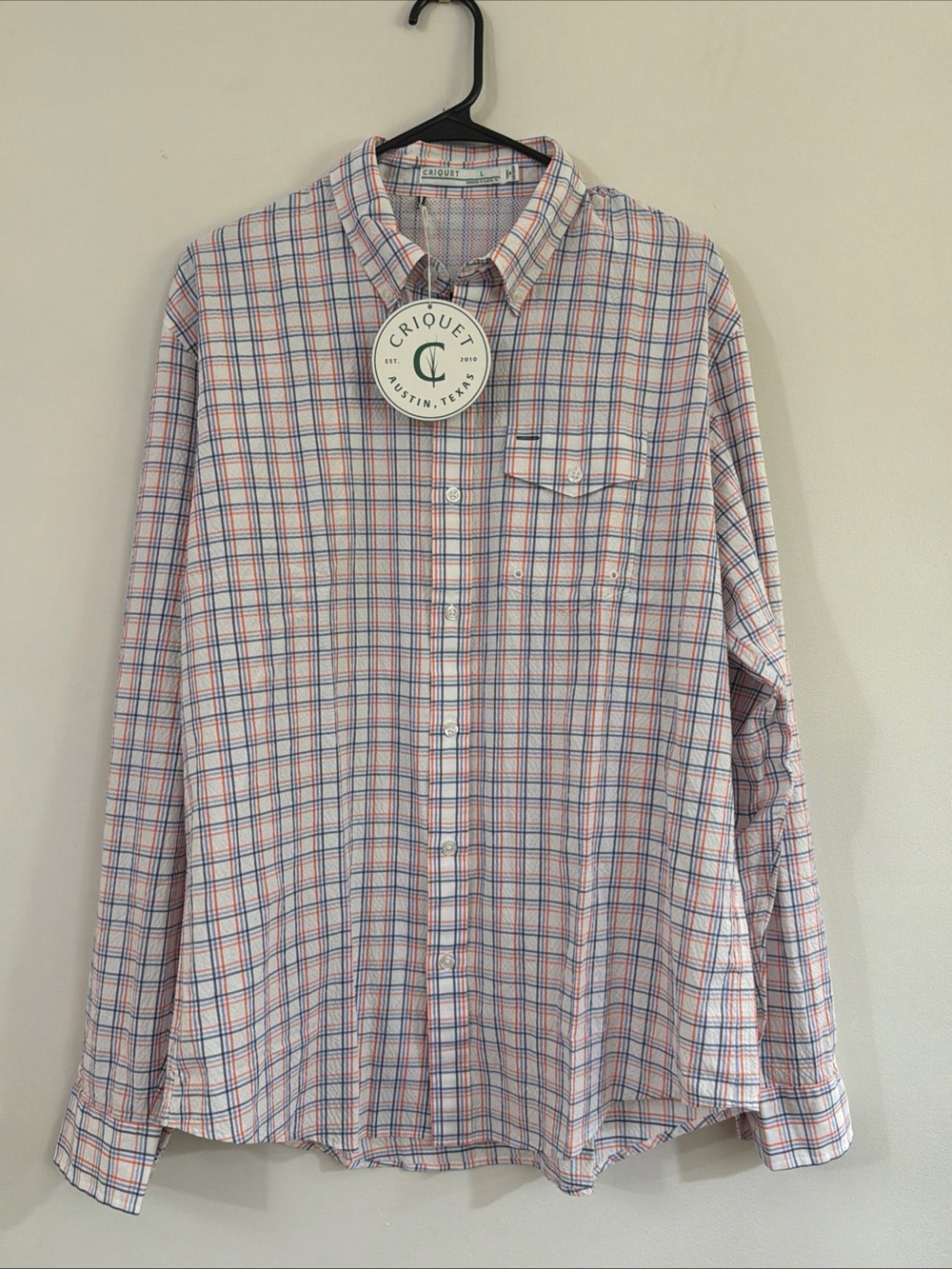 Criquet Mens L Blue Plaid Seersucker Vented Fishing Outdoor Button Performance